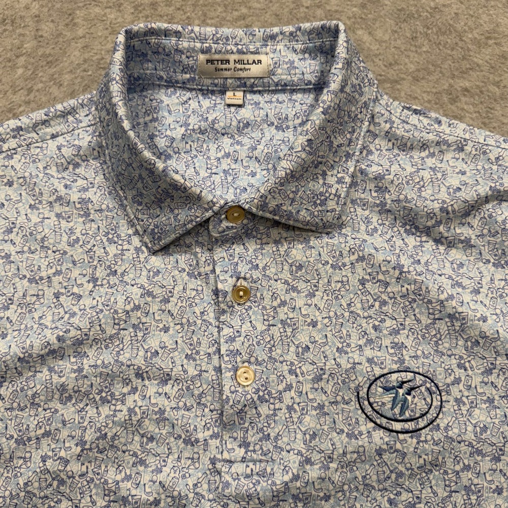 Peter Millar Summer Comfort Shirt Mens L Dazed Transfused Golf Polo AOP Logo